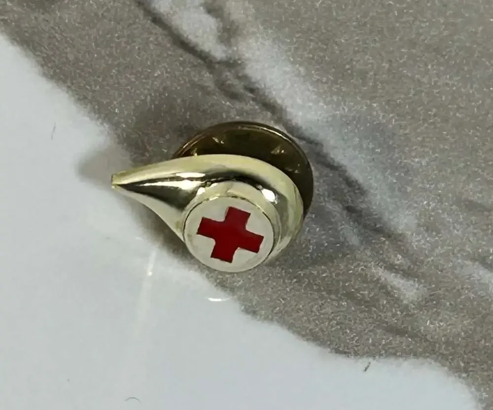 Red Cross Donor Drop Pin gold tone enamel